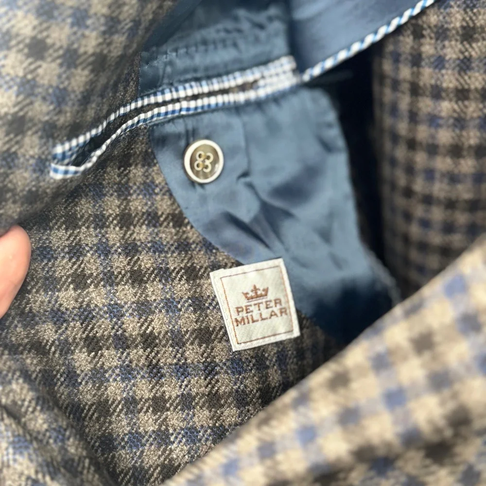 Peter Millar Mens Medium Blazer Brown Blue Plaid 100 Wool Classic Fit Two Button
